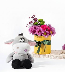 Sarı Saksıda Pembe Papatyalar ve Peluş Eşek