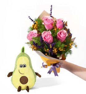 Sarı Bukette 5 Pembe Gül ve Avokado Yastık