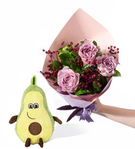 Lila Pembe Bukette 3 Lila Gül ve Avokado Yastık