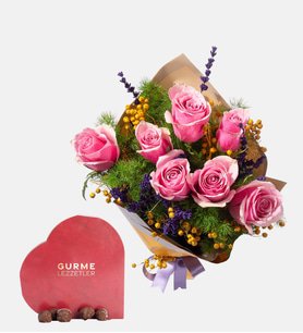 Sarı Bukette Pembe Güller ve Kalp Gurme Lezzet
