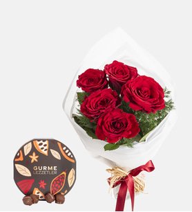 Beyaz Buket Kağıtlı Kırmızı Gül ve Gurme Lezzetler