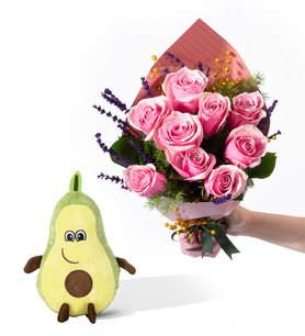 Somon Bukette 9 Pembe Gül ve Avokado Yastık