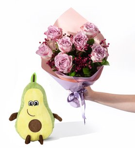 Lila Pembe Bukette 7 Lila Gül ve Avokado Yastık